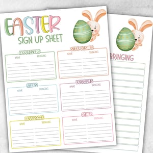 May include: A printable Easter sign-up sheet with a colourful design. The sheet is divided into sections for appetisers, side dishes, desserts, beverages, and other. Each section has columns for name and what they are bringing.