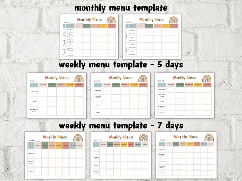 May include: Three printable weekly menu templates with a rainbow design. Each template has a space for breakfast, lunch, dinner, and snacks. The first template is for a 5-day week, the second template is for a 7-day week, and the third template is for a 7-day week.