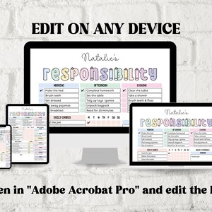 May include: A digital image showing a printable responsibility chart for kids. The chart is divided into three sections: morning, afternoon, and evening. Each section has a list of tasks to be completed. The chart is designed to be edited on any device using Adobe Acrobat Pro.