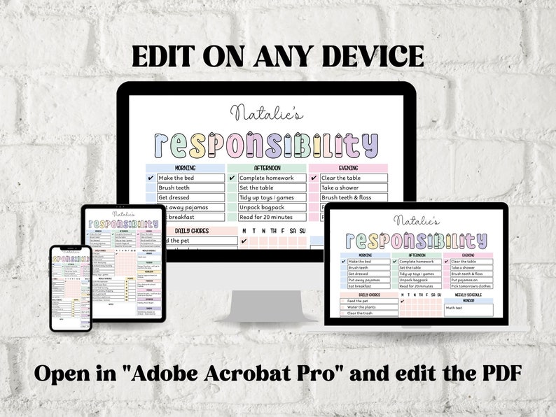 May include: A digital image showing a printable responsibility chart for kids. The chart is divided into three sections: morning, afternoon, and evening. Each section has a list of tasks to be completed. The chart is designed to be edited on any device using Adobe Acrobat Pro.