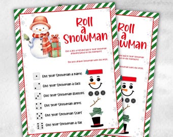 May include: A printable game card with instructions to roll a dice and draw a snowman. The card has a green and red striped background with a snowman illustration. The text on the card reads "Roll a Snowman".