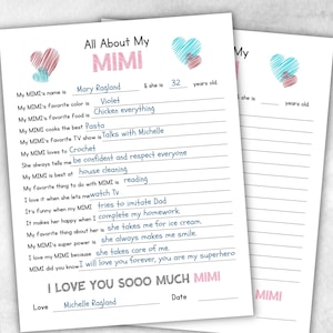 Alles über meine Mimi Karte Fragebogen, personalisiertes Geschenk, Mimi Geschenk von Kindern, Füllen Sie die Lücken aus, Andenken druckbares Geschenk, einzigartige Mimi Karte