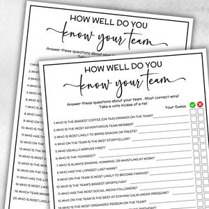 Pode incluir: Duas folhas de jogo em preto e branco intituladas "HOW WELL DO YOU know your team". As folhas têm perguntas para responder sobre uma equipe, com espaço para escrever suposições e caixas de seleção.