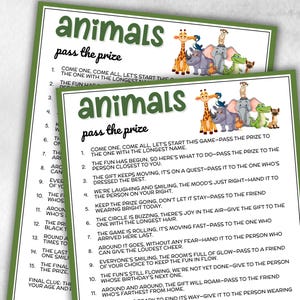May include: Two green-bordered game sheets with the title "animals pass the prize" and a list of instructions. The top of the sheet features cartoon animals including a giraffe, elephant, rhino, and crocodile.