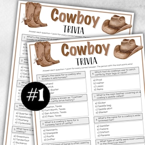 K&ouml;nnte beinhalten: Zwei Bl&auml;tter mit Cowboy Trivia-Spielkarten. Jede Karte zeigt Illustrationen von Cowboy-Stiefeln und -H&uuml;ten. Der Titel "Cowboy Trivia" wird in einer braunen Schrift im Western-Stil angezeigt. Das Spiel enth&auml;lt Multiple-Choice-Fragen.