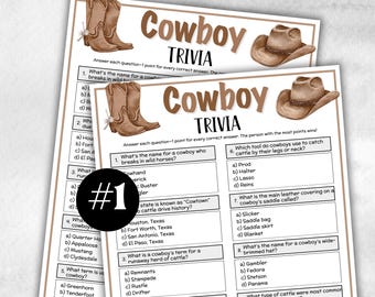 Könnte beinhalten: Zwei Blätter mit Cowboy Trivia-Spielkarten. Jede Karte zeigt Illustrationen von Cowboy-Stiefeln und -Hüten. Der Titel "Cowboy Trivia" wird in einer braunen Schrift im Western-Stil angezeigt. Das Spiel enthält Multiple-Choice-Fragen.