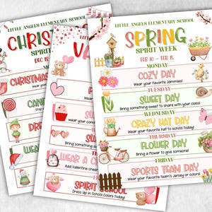 Puede incluir: Dos carteles imprimibles para una semana de esp&iacute;ritu escolar. El primer cartel es para la semana de esp&iacute;ritu navide&ntilde;o y presenta un mu&ntilde;eco de nieve, un bast&oacute;n de caramelo, un duende y un gorro de Pap&aacute; Noel. El segundo cartel es para la semana de esp&iacute;ritu primaveral y presenta una casita de p&aacute;jaros, una regadera, un caracol, una mariposa, una maceta, una bicicleta y un oso. Ambos carteles tienen el texto "Little Angels Elementary School" en la parte superior.
