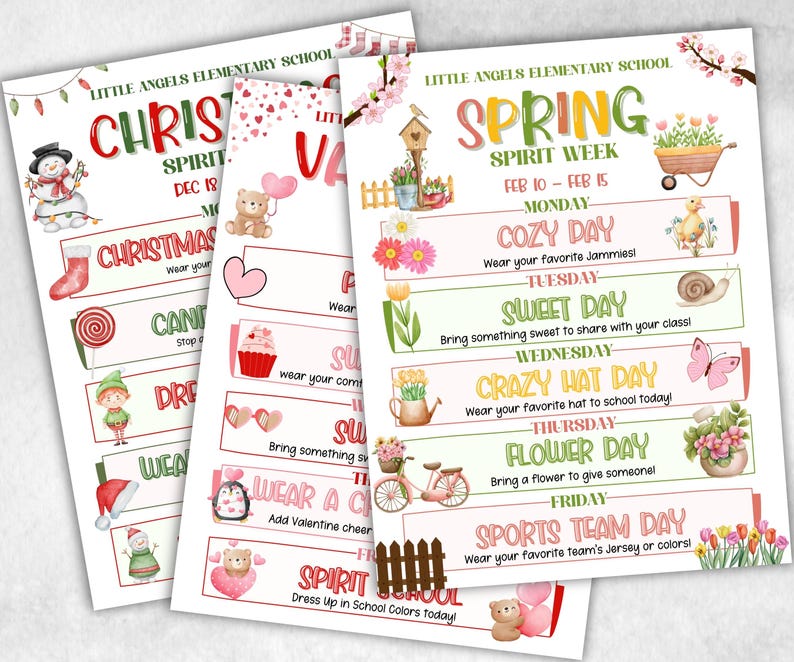 Puede incluir: Dos carteles imprimibles para una semana de esp&iacute;ritu escolar. El primer cartel es para la semana de esp&iacute;ritu navide&ntilde;o y presenta un mu&ntilde;eco de nieve, un bast&oacute;n de caramelo, un duende y un gorro de Pap&aacute; Noel. El segundo cartel es para la semana de esp&iacute;ritu primaveral y presenta una casita de p&aacute;jaros, una regadera, un caracol, una mariposa, una maceta, una bicicleta y un oso. Ambos carteles tienen el texto "Little Angels Elementary School" en la parte superior.
