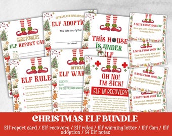 May include: A Christmas Elf printable bundle with a red and green color scheme. The bundle includes a report card, elf rules, elf warning letter, elf adoption certificate, elf recovery note, and 54 elf notes.