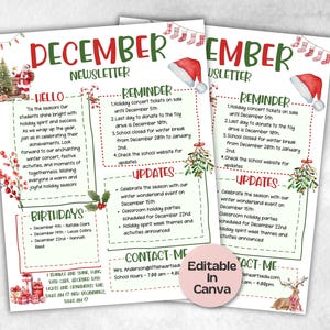 Newsletter di Natale Dicembre per le classi, modello di newsletter per asili nido Canva, newsletter scolastica, comunicazione con i genitori, primo giorno di scuola