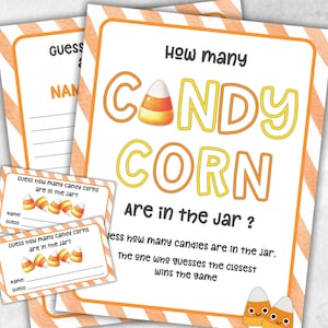 Op de afbeelding: Halloween-thema spel printables met oranje en witte gestreepte randen. Het hoofdbord leest "How many CANDY CORN are in the Jar?" met candy corn graphics. Inclusief gokkaarten voor het spel.