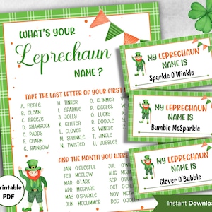 What&#39;s Your Leprechaun  name, St Patricks Day Games, Leprechaun name tag game, Leprechaun name board sign, Leprechaun name generator,