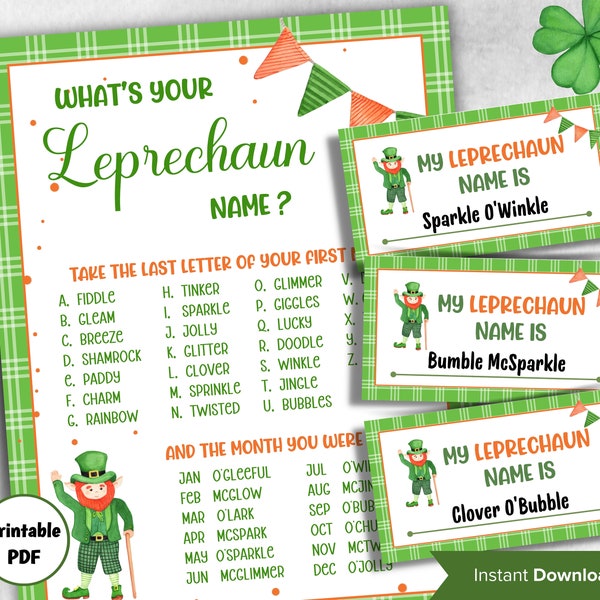 What's Your Leprechaun  name, St Patricks Day Games, Leprechaun name tag game, Leprechaun name board sign, Leprechaun name generator,