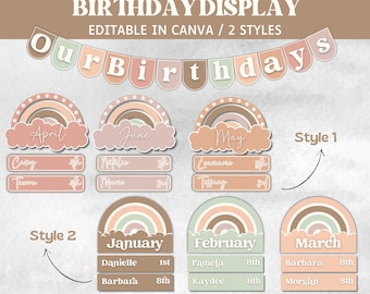 Neutral Classroom Decor, Classroom Birthday Display, Birthday Chart, Classroom Display, Preschool Birthday Board, Printable Student Birthday