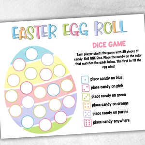 Puede incluir: Un juego de mesa imprimible para la búsqueda de huevos de Pascua con un gráfico de huevo colorido e instrucciones para un juego de dados. Cada jugador comienza con 20 caramelos y tira un dado para colocar el caramelo en el color correspondiente en el huevo. El primer jugador en llenar su huevo gana.
