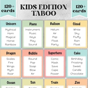 Kids taboo game, vacation forbidden words, pool party, juniors summer game, family games, teen taboo, family reunion, indoor family game