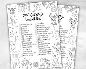 May include: A black and white printable Christmas bucket list with illustrations of a snowman, reindeer, gingerbread man, and Christmas tree. The list includes activities like mailing Christmas cards, going sledding, building a fort, baking cookies, wrapping presents, and writing a letter to Santa.