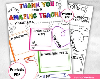May include: Printable thank you card for a teacher. The card has a colorful design with a heart, balloons, and stars. It includes space for a picture, a message, and the student's name.