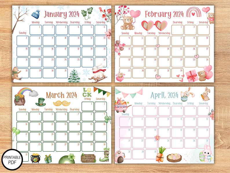 2024 Cute Printable Calendars, Printable Kids Calendars, Watercolor ...