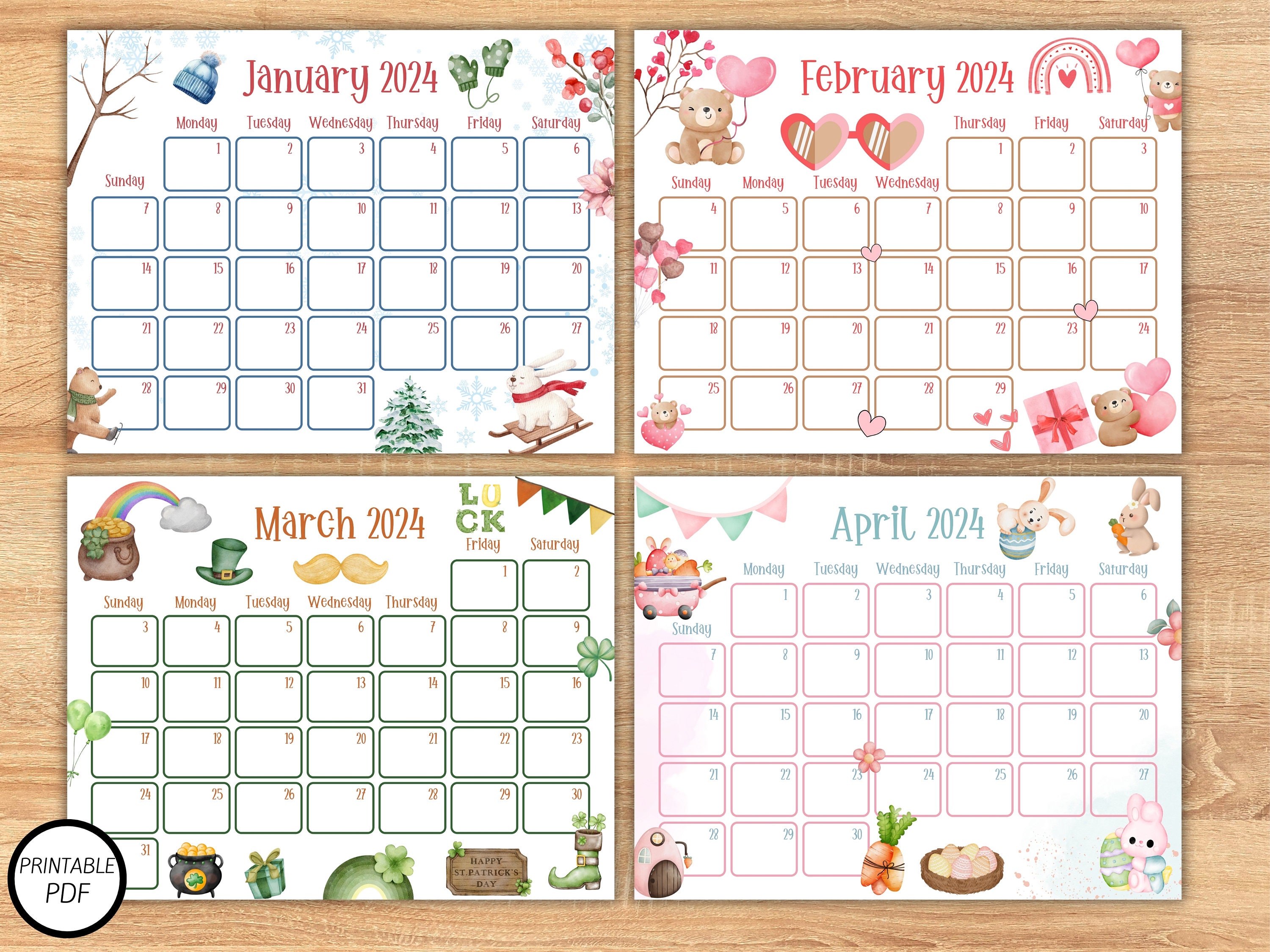 2024 Cute Printable Calendars, Printable Kids Calendars, Watercolor ...
