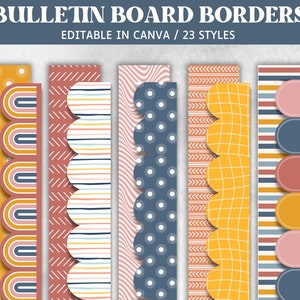 May include: A set of 23 printable bulletin board borders in various colors and patterns, including stripes, polka dots, and geometric designs. The borders are editable in Canva.