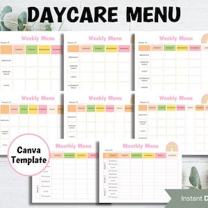 Weekly meal planner I Monthly  Menu Template I Home School Meal Planner | Home Daycare Weekly Menu Editable | Preschool Menu I editable menu