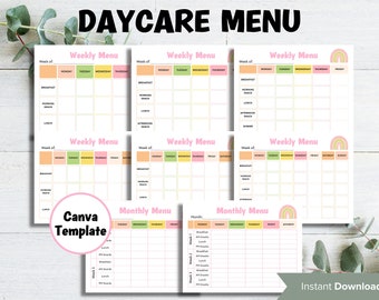 Weekly meal planner I Monthly  Menu Template I Home School Meal Planner | Home Daycare Weekly Menu Editable | Preschool Menu I editable menu