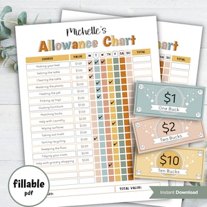 May include: Printable allowance chart with a colorful design. The chart includes a list of chores with corresponding values, a grid for tracking completed chores, and a total value section. The chart also includes three mock money bills with values of $1, $2, and $10.