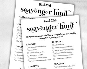 Book Club Scavenger Hunt, Book club hosting, Bookworm meeting, bookstagram theme party, coversation starters, trivia challenge, themed party