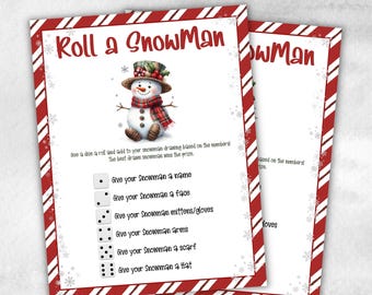 May include: A printable game card with red and white striped borders. The card features a snowman illustration and instructions for a "Roll a Snowman" game. Players roll a die and add to their snowman drawing based on the numbers rolled. The best drawn snowman wins the prize.