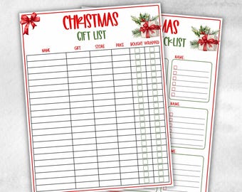 Afdrukbare kerstcadeaulijst, vakantiewinkelbudgettracker, afdrukbare checklist, kerstcadeau-tracker, kerstboodschappenlijst voor kinderen