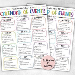 PTA PTO Event Planner, Monthly school events calendar flyer, Pta PTO Monthly Calendar, Calendar of Events, Edit in Canva calendar flyer