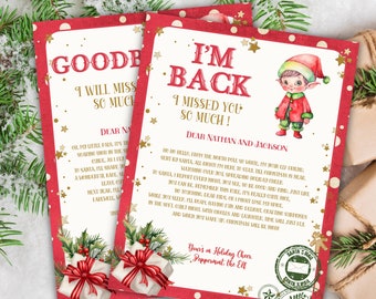 May include: Two Christmas cards with red borders and gold star accents. One card reads "Goodbye, I will miss so much." The other says "I'm back, I missed you so much!" An elf illustration is on the second card.