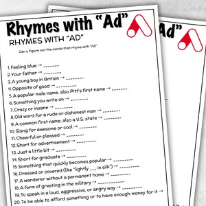May include: Two white A4 sheets of paper with the title "Rhymes with 'Ad'" and a list of fill-in-the-blank questions. Each sheet has a red and white logo in the top right corner. The questions are designed to find words that rhyme with "Ad".