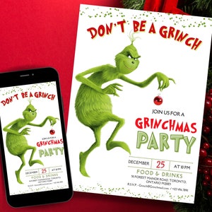 Impreza Grinchmas | Pomysły na imprezę Grinchmas I Cyfrowe zabawne zaproszenie Grinchmas I Zaproszenie świąteczne | Impreza Grinchmas | Edytowalne zaproszenie Grinchmas