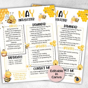 Boletín informativo de la clase de abejas de mayo, boletín informativo de la clase de guardería, plantilla de boletín informativo, boletín informativo escolar con plantilla Canva, comunicación con los padres