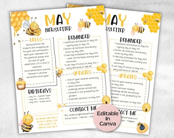 Mei Honeybee Classroom-nieuwsbrief, nieuwsbrief voor kinderdagverblijven, nieuwsbriefsjabloon, canvasjabloon schoolnieuwsbrief, communicatie met ouders