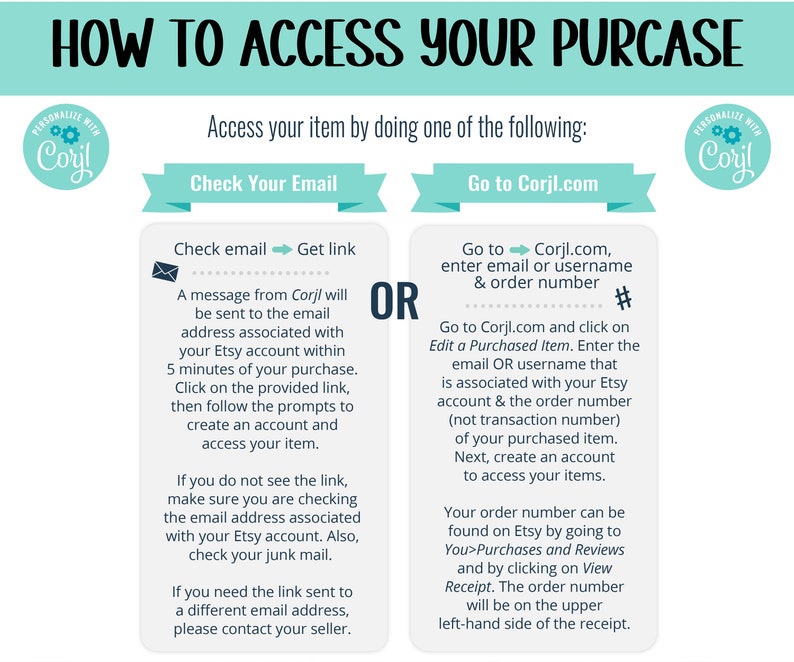 May include: A blue and white graphic with the text "How to Access Your Purchase" and instructions on how to access a purchased item using either an email link or by going to the Corjl.com website. The graphic includes a logo with the text "Personalize with Corjl".