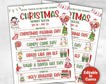 Folleto personalizable de la semana del espíritu escolar durante las vacaciones, calendario de la PTO, itinerario de diciembre, PTA de Navidad, editable en Canva, boletín de Navidad, eventos