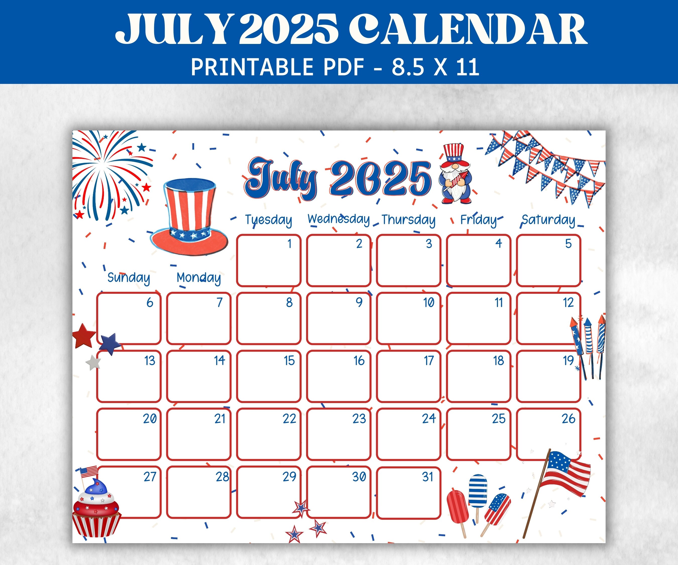 Kids July 2025 Calendar, Printable 2025 Calendar, Homeschool Preschool Calendar Board, Childrens Monthly Planner, 4th of July Calendar