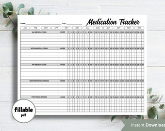 Puede incluir: Un rastreador de medicamentos imprimible en blanco y negro con una cuadrícula de calendario para cada mes del año. El rastreador incluye secciones para medicamentos de la mañana, mediodía, tarde, hora de acostarse y medicamentos de la tarde. El rastreador también incluye espacios para el nombre y la edad de la persona.