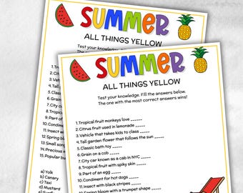 All things Yellow Trivia, Summer Games, End Of School Summer Activities, Summer Birthday Ocean Party,  Family games night, elementary school