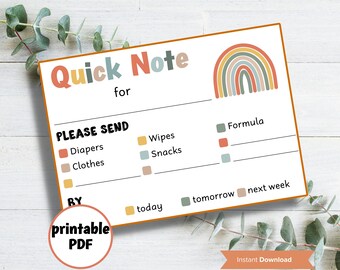 Printable daycare quick note,  Daycare Card, Daycare folder, Communication Card, Daycare Mail, From Day Care, school pickup notes