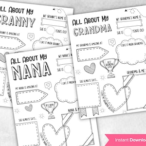 Tout sur mon cadeau pour grand-mère I Cadeau imprimable pour la fête des Mères Questionnaire Fête des Mères Préscolaire | Coloriage - Tout sur ma grand-mère à imprimer