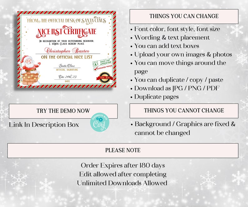 Pode incluir: Um modelo de certificado imprim&iacute;vel da lista de crian&ccedil;as boazinhas do Papai Noel com fundo vermelho e branco. O certificado apresenta uma imagem de desenho animado do Papai Noel descendo uma chamin&eacute;. O texto no certificado diz "Certificado da lista de crian&ccedil;as boazinhas" e "Christopher Baxter na lista oficial de crian&ccedil;as boazinhas". O certificado &eacute; personaliz&aacute;vel com caixas de texto, imagens e fontes.