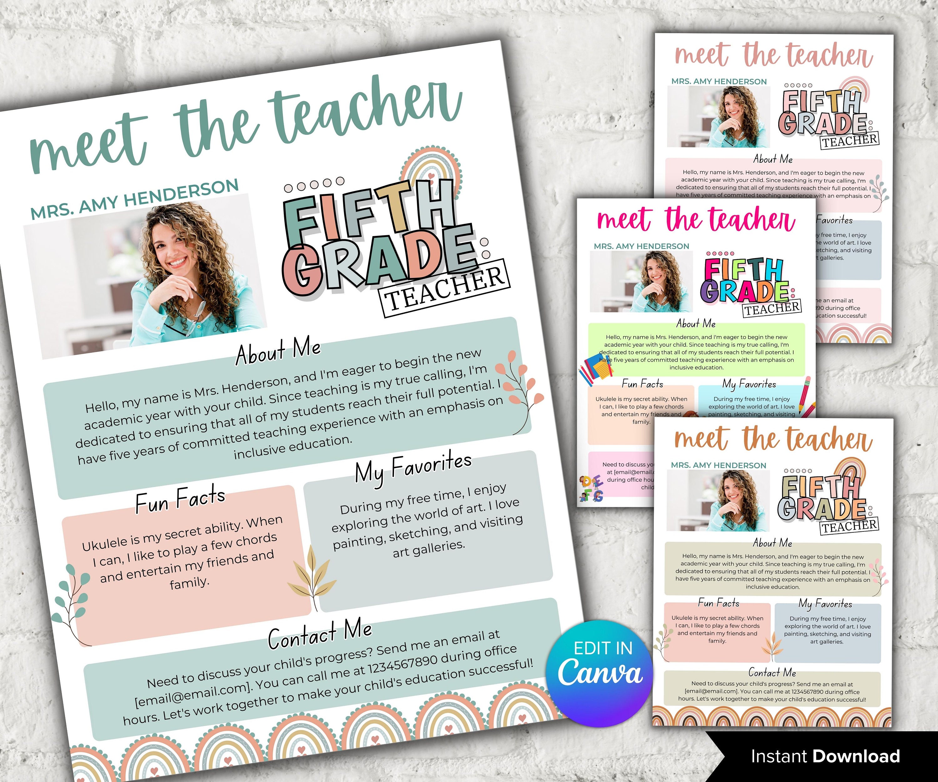 Meet The Teacher pastel Rainbow I Maestra de quinto grado I Maestra Boho I Conozca al paquete de maestros I Plantilla Canva I Plantilla editable