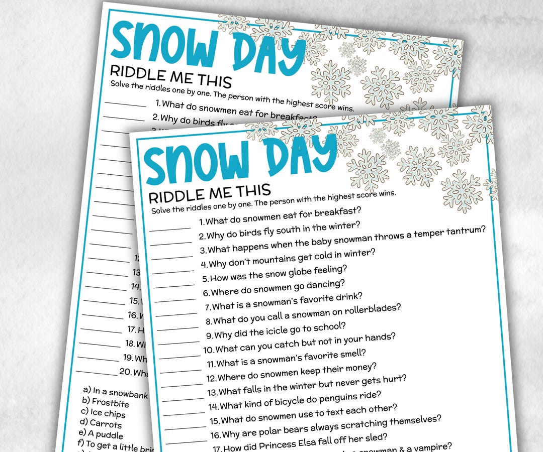 Winter Snow Day Riddles, Printable Activity, Party Game, Halloween ...