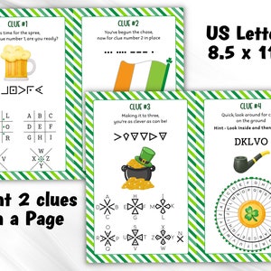 May include: Four printable cards with green and white stripes. Each card has a different clue for a scavenger hunt. The clues include a beer mug, a flag, a pot of gold, and a pipe. The text on the cards includes "Clue #1", "Clue #2", "Clue #3", and "Clue #4". The cards are designed to be printed on 8.5 x 11 inch paper.