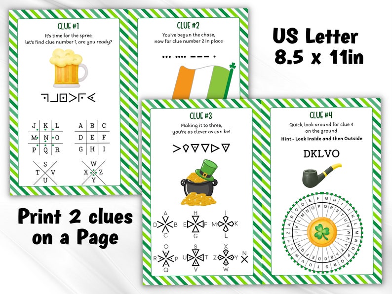 May include: Four printable cards with green and white stripes. Each card has a different clue for a scavenger hunt. The clues include a beer mug, a flag, a pot of gold, and a pipe. The text on the cards includes "Clue #1", "Clue #2", "Clue #3", and "Clue #4". The cards are designed to be printed on 8.5 x 11 inch paper.