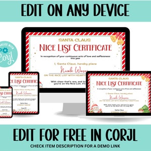 May include: A digital printable Christmas certificate template with a red and white striped background. The certificate reads "Santa Claus Nice List Certificate" and features a cartoon Santa Claus and elf. The text "Edit for free in Corjl" is displayed at the bottom of the image.